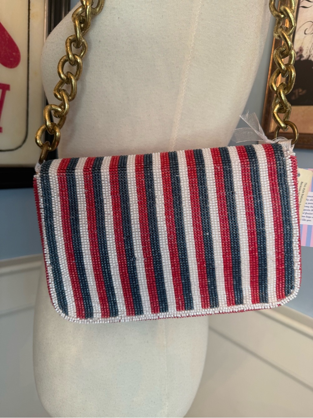 Viral Beaded Bag! NWT Made in India Red White Blue Stripes Chain Shoulder Bag - Picture 4 of 11